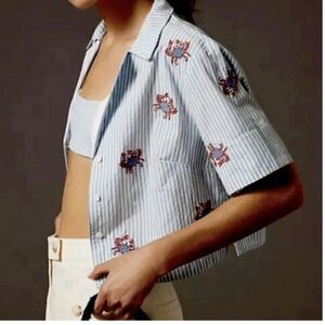 NWT Maeve Anthropologie Blue White Stripe Crab Embroidered Cropped Surf Shirt M